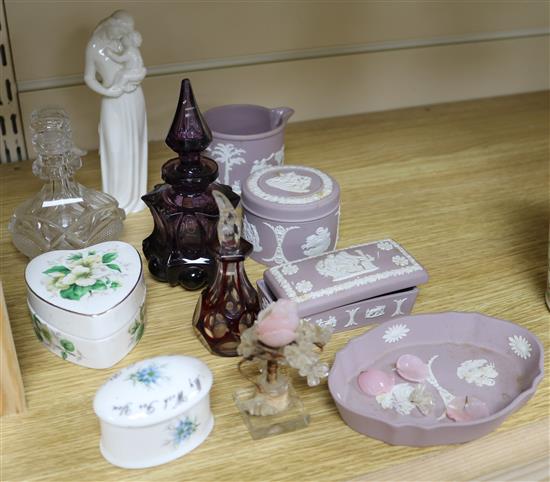 Three glass scent bottles, Wedgwood lilac jasperware, two pill boxes, etc.